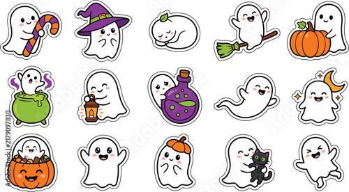 Cute ghost characters Halloween stickers with various expressions and poses