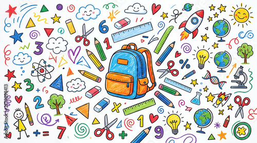 Colorful Children's Education Doodles on White Background