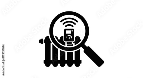 Vector illustration of radiator with smart thermostat under magnifying glass icon on a transparent background