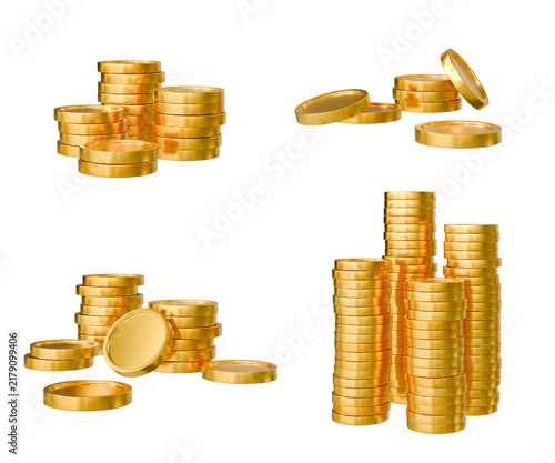 3d gold coins stack set isolated transparent background, business investment wealth financial growth concept