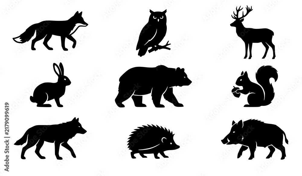 Obraz premium Forest Wildlife Animal Silhouette Icon Collection Black Vector