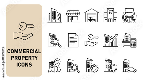 Commercial property and real estate business icon set. Corporate building, retail shop, warehouse lease and industrial site thin line icons. Editable stroke vector illustrations