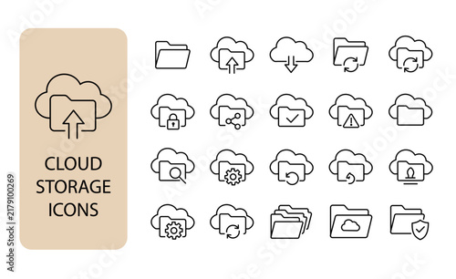 Cloud storage and file management icon set. Data drive, folder backup, online sync and server transfer thin line icons. Editable stroke vector illustrations