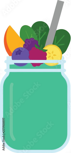 Green smoothie mason jar fruit detox drink spinach berry juice straw flat vector illustration isolated on white background