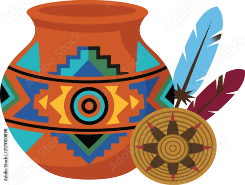 Native American clay pot woven basket feathers tribal ceramic pottery ethnic pattern vector illustration isolated on white background