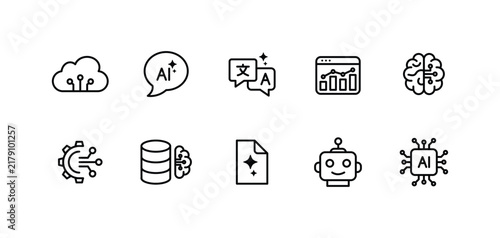 Artificial intelligence line icon set. Machine learning, neural network, and AI technology outline icons.