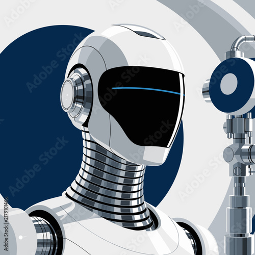 Futuristic white robot head vector, humanoid android character with metallic neck, sleek artificial intelligence cyborg illustration