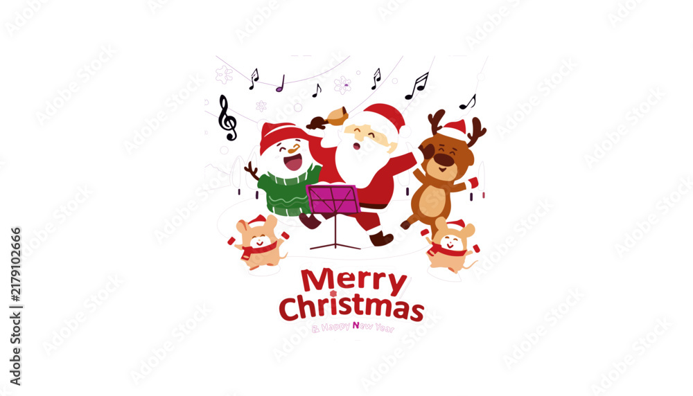Fototapeta premium Merry Christmas greeting card illustration featuring Santa Claus snowman reindeer and little mice singing carols together with musical notes decoration.