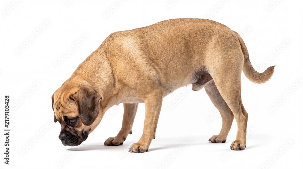 Obraz premium Curious Puggle Dog Sniffing Ground on White Background