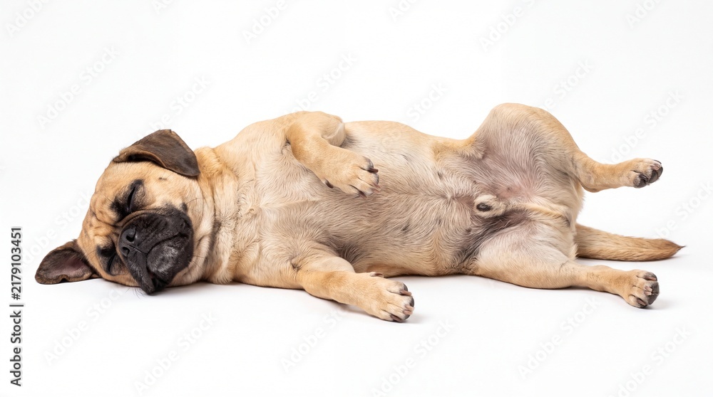 Obraz premium Cute Puggle Dog Sleeping Comfortably on Its Back