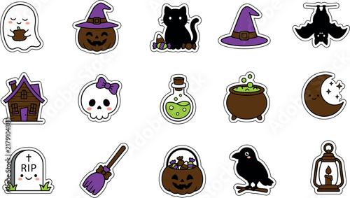 Set of cute hand drawn halloween stickers featuring ghosts cats pumpkins witches hats bats skulls potions and spooky elements