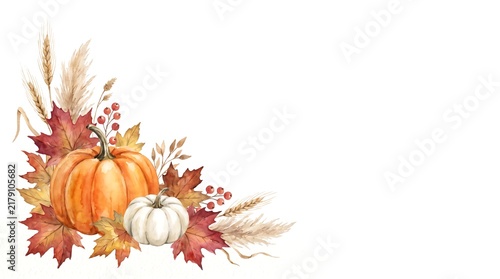 Watercolor autumn corner border with pumpkins and colorful fall leaves isolated on a white background