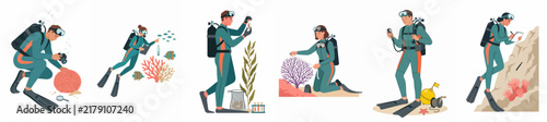 Foto Collection of diverse flat vector illustrations depicting scuba divers engaged in scientific research, underwater photography, and ocean exploration