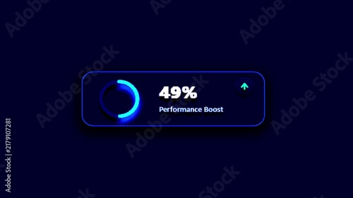Performance Boost interface animation with 18 percent circular loading bar and glowing blue neon frame against a dark background motion graphic loop