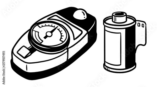 Fotografie Vintage analog light meter and film canister, flat design illustration, isolated