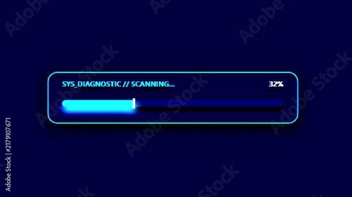 System Diagnostic Scanning progress bar interface animation with 22 percent counter and glowing blue neon frame against a dark background motion graphic loop
