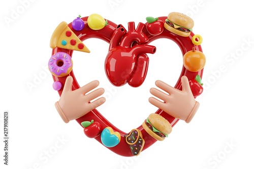 3D Cartoonish Heart Shape with Delicious Food and Friendly Hands Isolated on White Background3D Cartoonish Heart Shape with Delicious Food and Friendly Hands Isolated on White Background