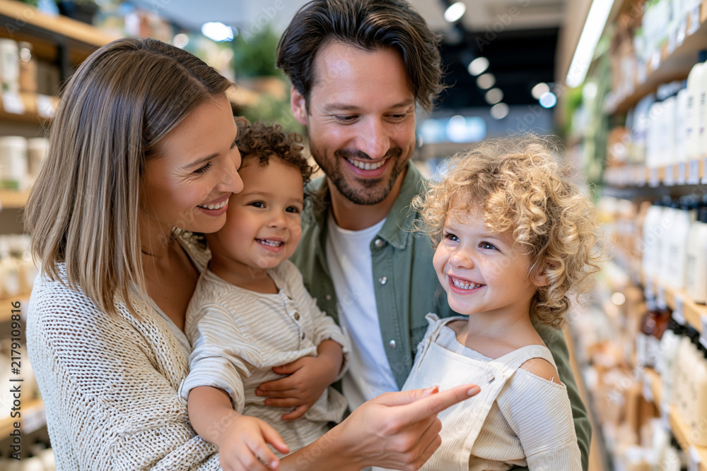 Obraz premium Warm family smiles in a well-lit store aisle. Mother and father hold two cheerful children. Young girl points with bright eyes at a product. Children laugh as parents share joyful moments
