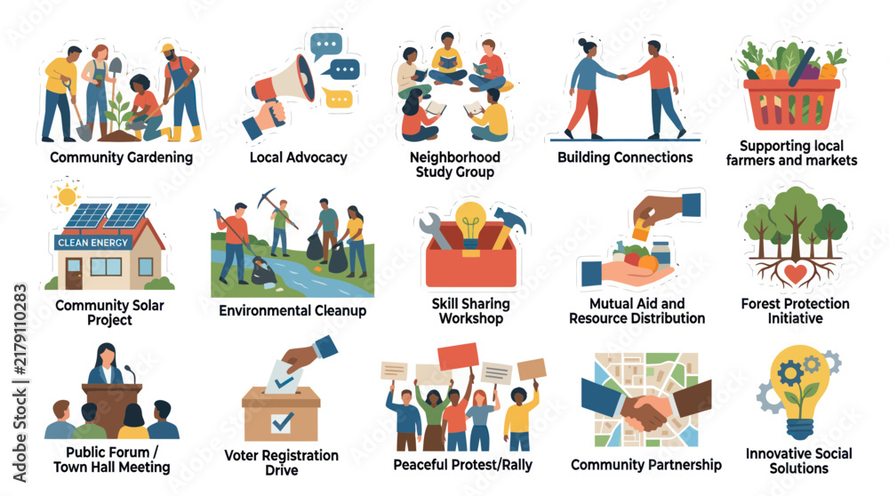 Fototapeta premium Community Initiative Icons: Flat Design for Social Good and Engagement