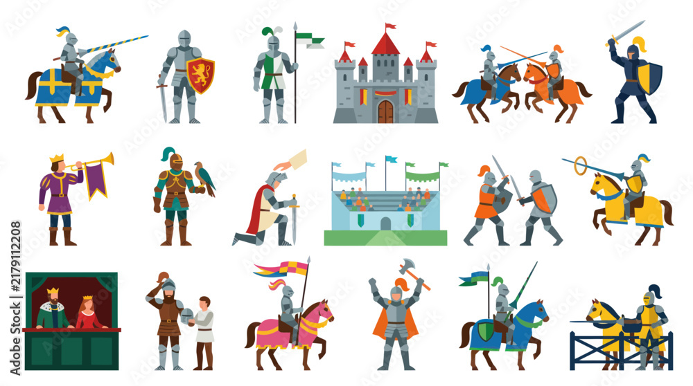 Fototapeta premium Medieval Knights Battle Tournament Castle Royalty Flat Vector Set