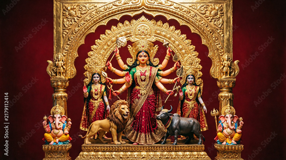 Fototapeta premium Golden idols of goddess durga with family ganesha and lakshmi on traditional ornamental pedestal.