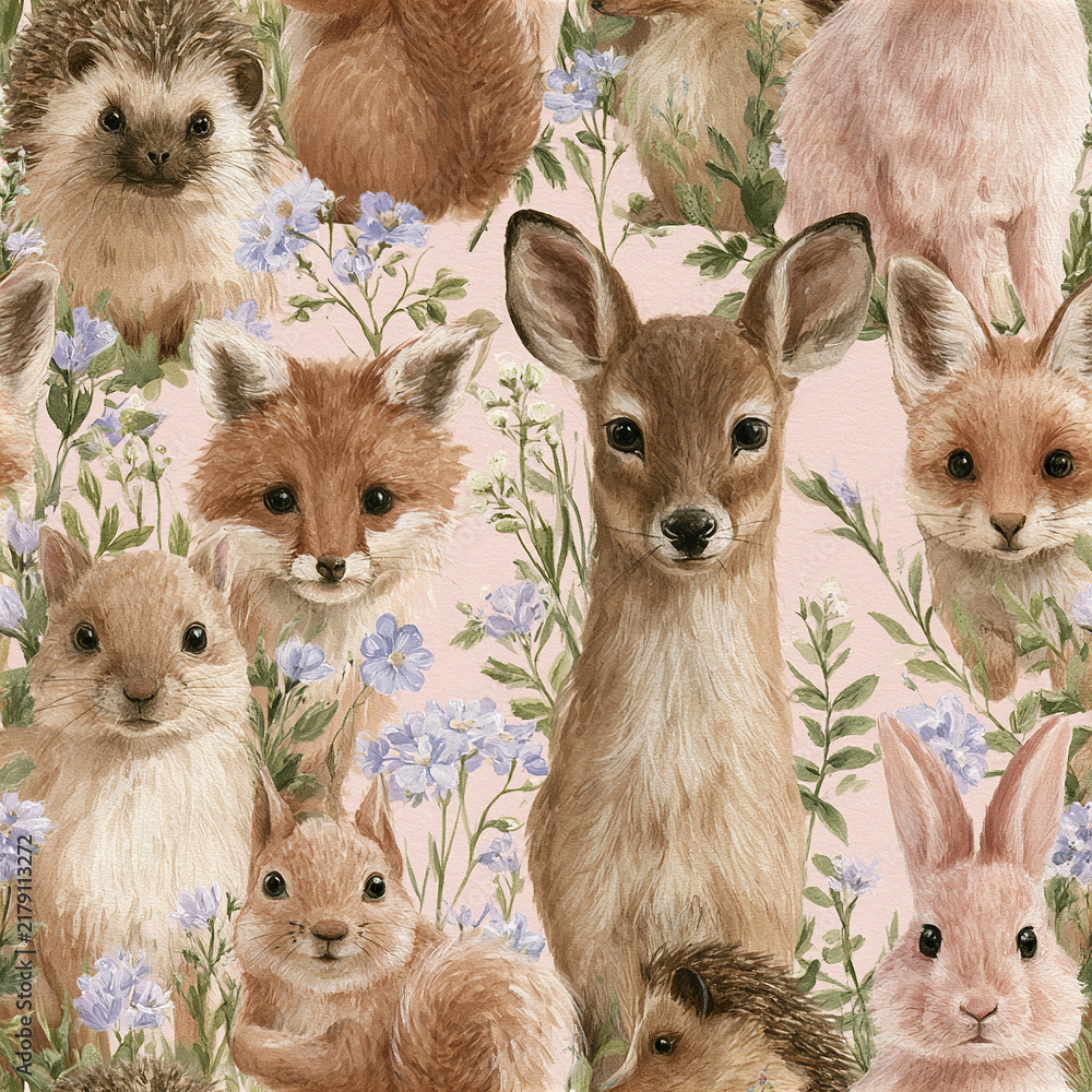 Fototapeta premium Forest animals deer fox rabbit squirrel hedgehog seamless pattern with soft flowers and leaves, charming and cute wildlife
