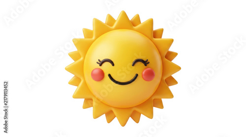 3d illustration of a cute smiling sun character with rosy cheeks, isolated on transparent background