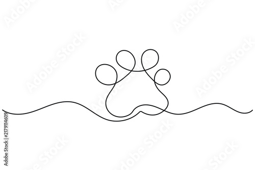 Paw print continuous line art vector icon with editable stroke on white background