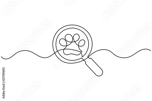Paw search continuous line art vector icon with editable stroke on white background
