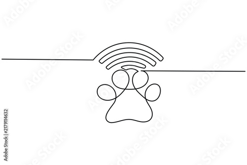 Paw wifi continuous line art depicting an animal print combined with wireless network signal waves. Clean editable stroke vector.