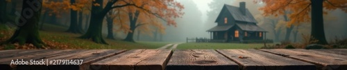 Rustic wooden table, misty autumn forest backdrop, witch's house visible , silhouette, magical