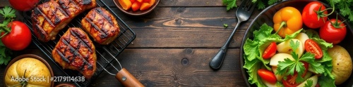 Rustic wood backdrop, grilled meats, veggies, fruit salad, potatoes Top-down view , natural, vegetables, tasty