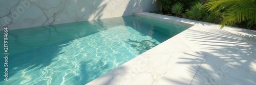 Serene palm shadows dance on marble, reflecting in tranquil water , leaves, oasis, image