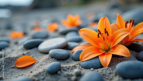 Smooth gray pebbles, vibrant orange lilies scattered on gray sand , relaxation, zen