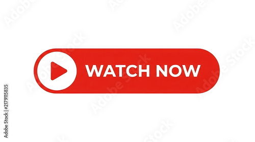Red button with play icon and white text watch now isolated on transparent background