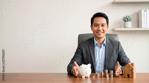Asian businessman planning mortgage loan, savings, and financial investment in office