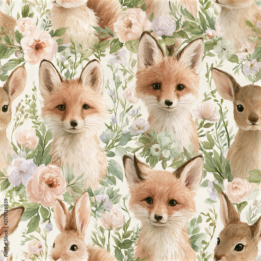 Fototapeta premium Fox rabbit deer flower woodland animal nature cute soft pastel forest wildlife gentle fur ears green leaves floral peaceful