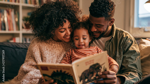 Happy, black family and reading book with child in home for story, bonding or childhood development. Mom, dad and toddler with kids novel, dinosaur or smile for learning or fantasy together in house