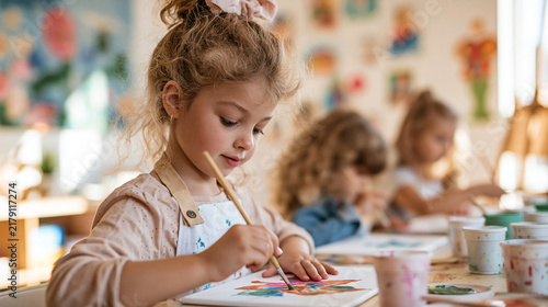 Education, kids and girls in painting class for art, creative talent and motor skill development in preschool. Learning, students drawing and children with color for artwork and sketch with brush