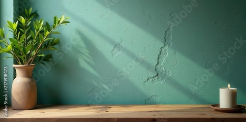 Rustic wall mockup; green twigs, candle, wooden table, white, contemporary