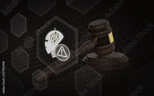 A compelling visual representation of AI law featuring a warning symbol and a wooden gavel, addressing legal issues and regulations in artificial intelligence development.