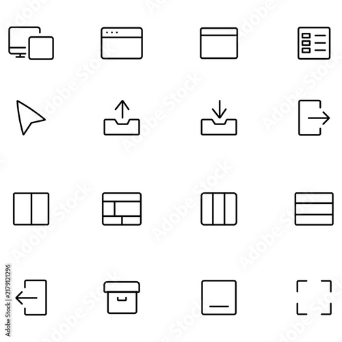 Minimalist UI interface icons, 16 black line web symbols, modern software navigation elements for dashboard design