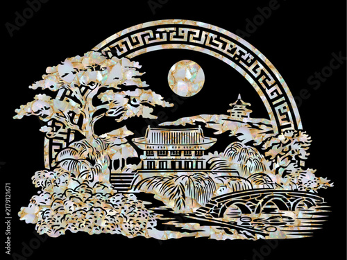 Mother of pearl traditional Korean palace landscape with arch frame