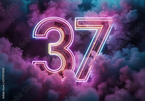Glowing neon number 37 with triple line stroke, set against a background, of thick, voluminous, purple and blue, clouds and vapor