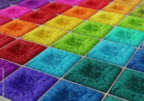 Grid of square compartments filled with vibrant, textured embroidery floss in a rainbow spectrum of colors, angled close-up view