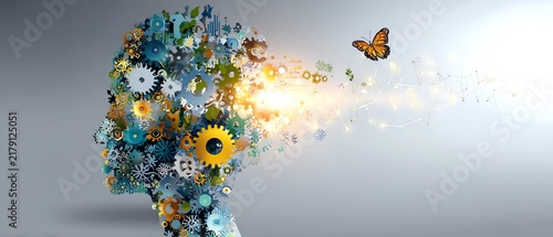 Creative mind with gears and butterfly illustration.