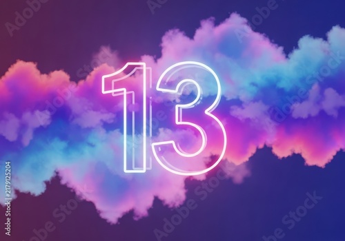 Number 13 in white neon outline, centered against a background, of vibrant, swirling, pink, purple, and, blue clouds and smoke