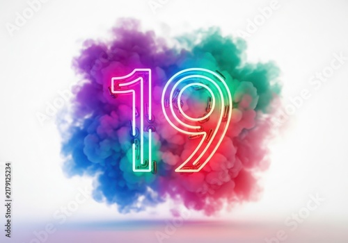 Number 19 in glowing neon outline font, centered over a vibrant, multi-colored cloud of pink, blue, and teal smoke on a white background