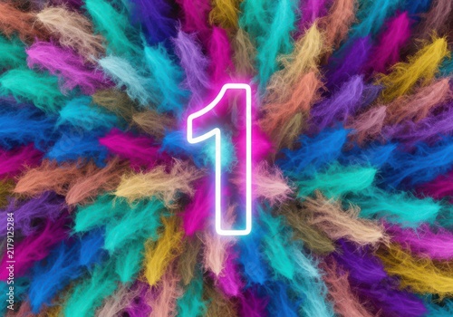 Number one digit in white neon outline centered over a radial background, of multicolored feathery, textures and vibrant hues
