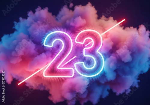 Number 23 glowing in neon blue and pink light, centered over a soft, voluminous cloud formation with a diagonal light streak against a dark background
